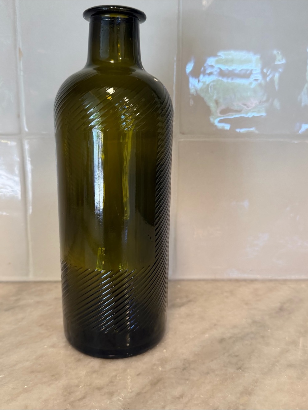 Olive Green Ribbed Glass Bottle Vase